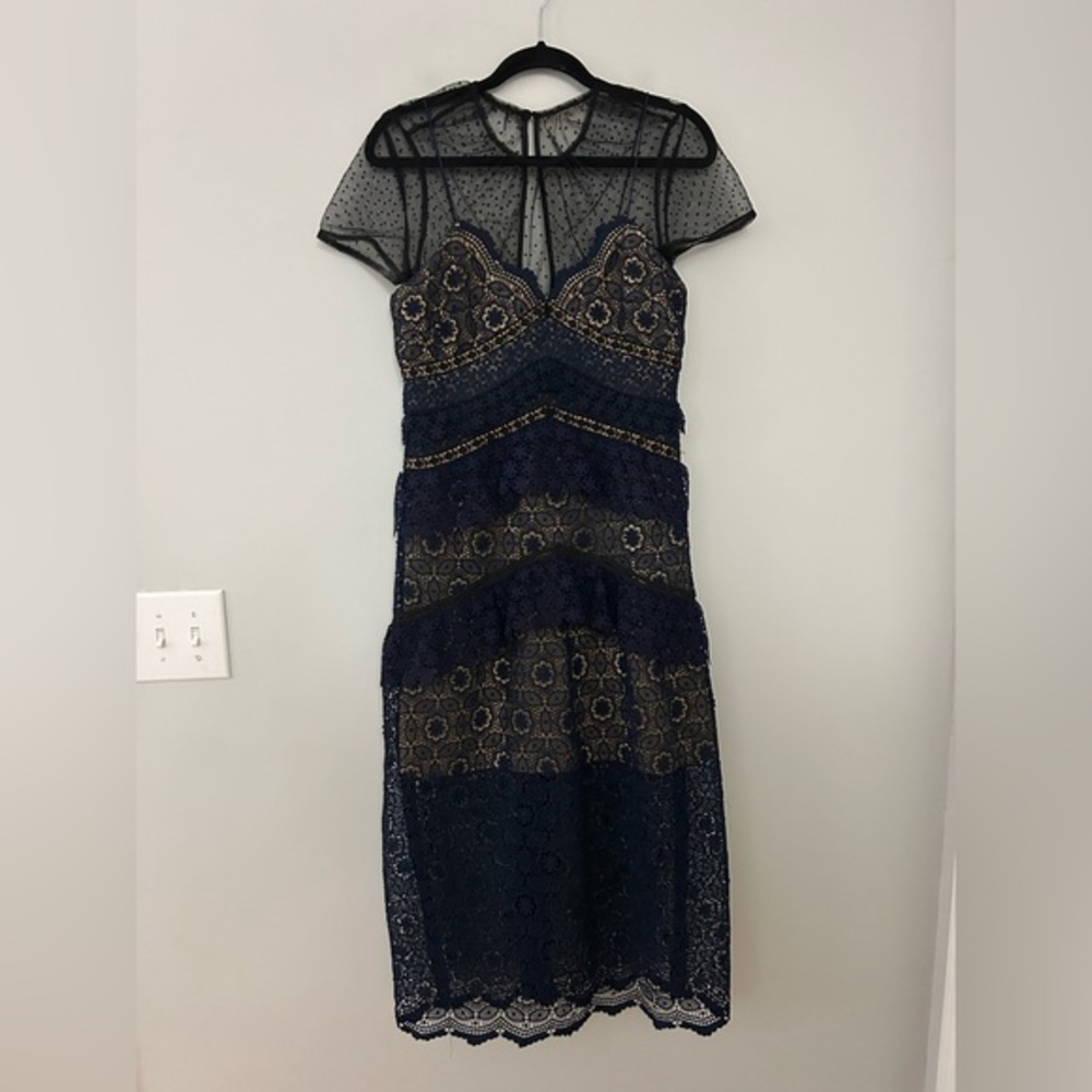 Self Portrait Navy Blue and Black Paneled‎ Guipure Lace Gown